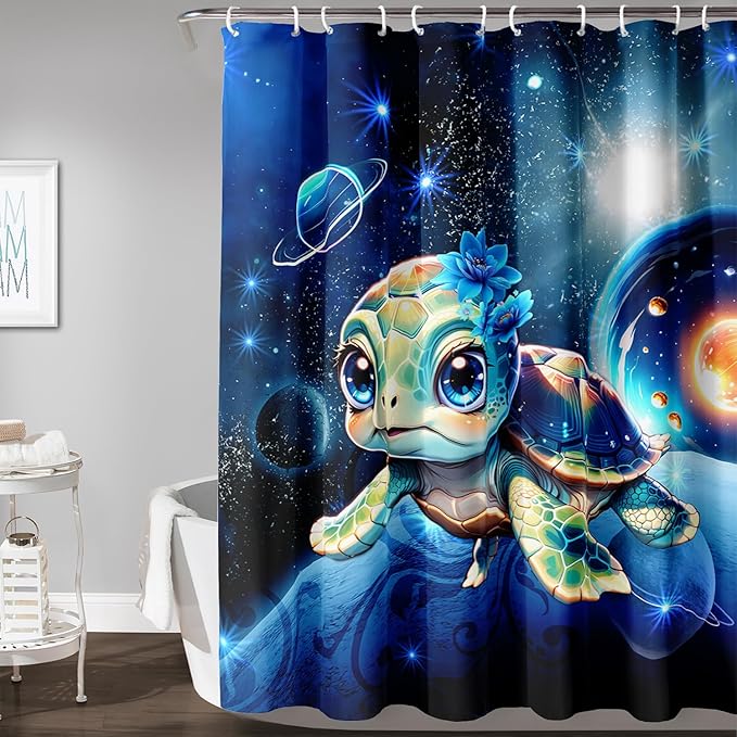AILONEN 3D Sea Turtle Shower Curtain for Bathroom, Cute Turtle Blue Space Galaxy Bath Curtain,Kids Kawaii Ocean Turtle Decorative Watercolor Curtain with 12 Plastic Hooks for Boys Girls 72" W*96" H