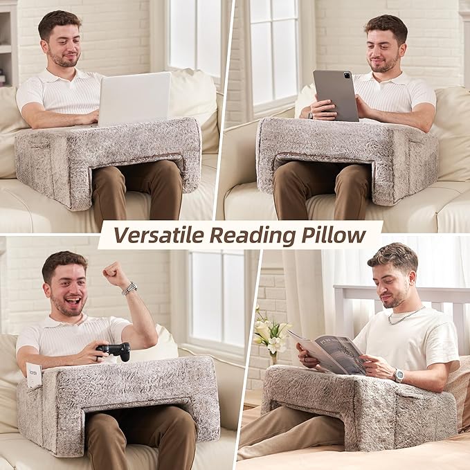 Homguava Reading Pillow Memory Lap Desk Foam Pillow for Adults Gaming Pillow Arm Rest Pillow for Reading, Crocheting, Gaming or Sitting in Bed (Furry Brown, Large)