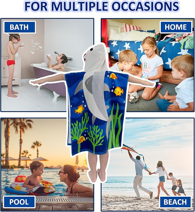 Toddler Bath Towel Hooded - Cotton Kids Beach Towel 20"x20" for Ages 1 to 6, Toddler Towels with Hood Snaps, Soft Terry Poncho Towel as Pool Swim Cover Ups for Girls Boys (Shark Blue)