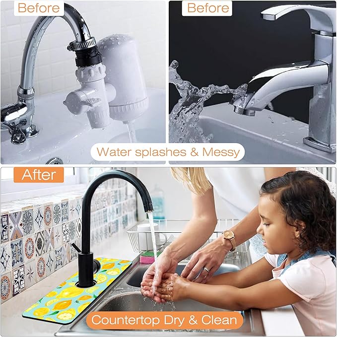 Kitchen Sink Splash Guard Faucet Mat Watercolor Lemon Citrus Sink Splash Guard Behind Faucet,1 PC Soft Diatom Mud Non-Slip Mat-for Kitchen,Dish Drying Mat,Bathroom Faucet Mat 15.5""X5.5""