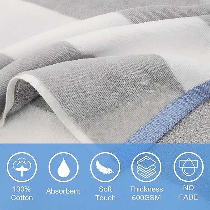 VOOVA & MOVAS Big Kids Hooded Bath Towels - Girl | Teens Pool Towel Poncho Towel Robe (8-16Years), Large Thick and Absorbent Cotton - Versatile for Pool, Swim, and Bath, Grey and White Wide Cabana