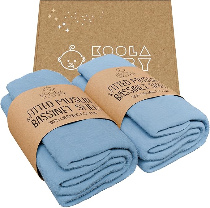 Bassinet Fitted Sheets - Compatible with Ingenuity Foldaway Rocking & Lullanight Soothing | 100% Organic Muslin Cotton - Light Blue + Dark Blue | 32x19 (2 Pack)