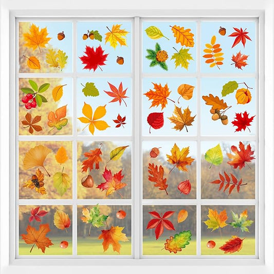 Fall Maple Leaf Window Clings for Glass Windows Autumn Window Static Stickers Double-Sided Leaves Cone Hazelnut Window Door Cling Removable Reusable Stickers Thanksgiving Window Door Decoration