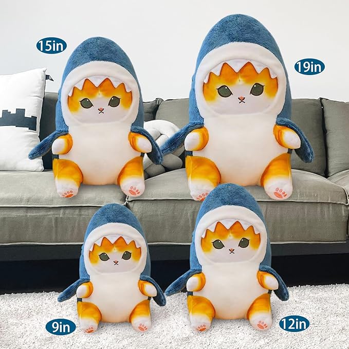Kawaii Shark Cat Plush Toy Stuffed Animal Doll, Cute Soft Pillow Stress Release Hugs Toys Christmas Halloween Birthday Gifts for Kids Boys Girl Best Gift (Blue - Yellow,12 inch)