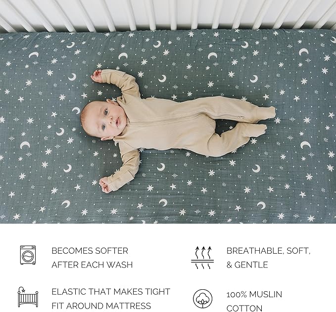 Night Sky Muslin Crib Sheet by Mebie Baby, Soft and Breathable Bed Sheets for Babies, Modern Neutral Bedding for Cribs, Standard Crib Mattress Fitted Sheet, Great for Boy or Girl Room or Nursery
