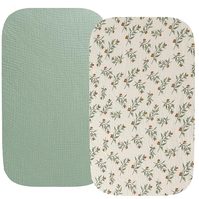 Muslin Bassinet Sheet Compatible with Hospital Bassinet, Simmons Kids by The Bed Twin City, Graco Pack n Play Close2Baby Bassinet(not playard), 2 Pack Cotton Fitted Roman Green & Botanical Leaf
