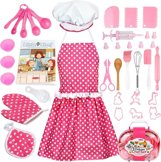 Kids Cooking and Baking Supplies Set 38 Pcs Includes Apron Hat Mitt and Decorating Supplies Dress Up Chef Costume Role Play Gifts for 3 4 5 6 7 8 Year Old Girls Boys