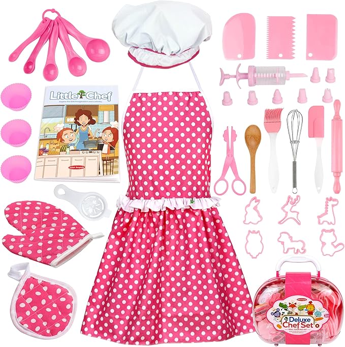 Kids Cooking and Baking Supplies Set 38 Pcs Includes Apron Hat Mitt and Decorating Supplies Dress Up Chef Costume Role Play Gifts for 3 4 5 6 7 8 Year Old Girls Boys