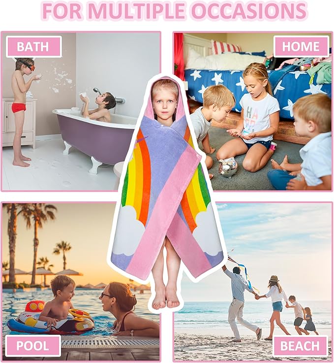 Toddler Bath Towel Hooded - Cotton Kids Beach Towel 30"x50" for Ages 3 to 10, Soft Terry Poncho Towel as Pool Swim Cover Ups for Girls Boys (Rainbow Unicorn Pink)