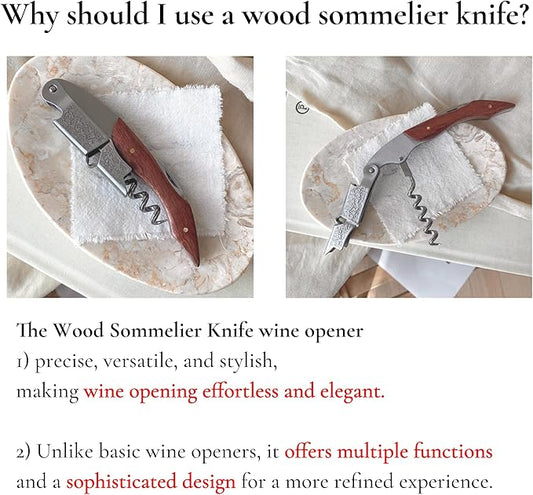 Professional Wood Grapevine Pattern Sommelier Knife With Camel Leather Wine Keyring with Ergonomic Wood Grip, Beer Bottle Opener Foil Cutter Waiters Corkscrew Wine Opener