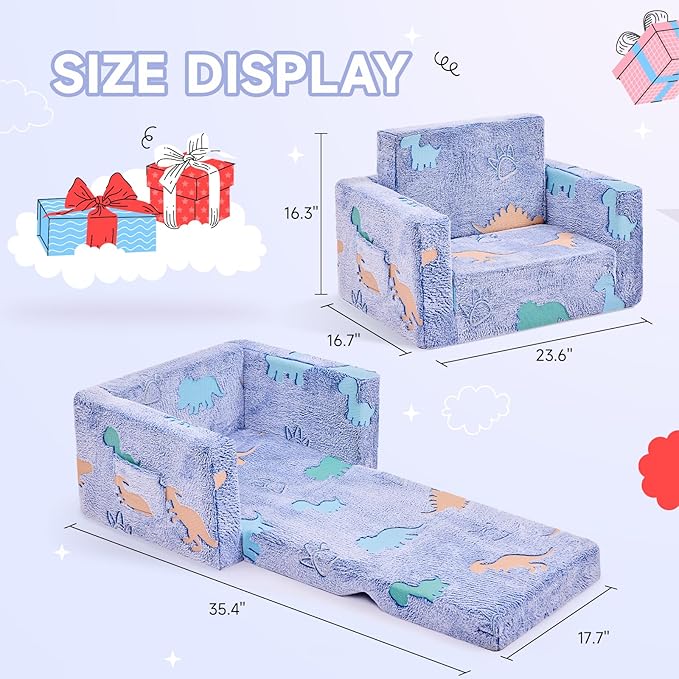 Toddler Chair, Toddler Couch, Kids Couch, Kids Sofa Chair 2 in 1, Comfy Toddler Chair Folding Out for Boys, Girls, Glow in The Dark Extra Soft Open Couch for Playroom, Gifts for Kids, Dinosaur