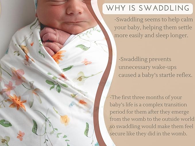 Baby Receiving Blanket Swaddle Blanket Infant Wrap with Matching Headband Beanie and Name Card (Green Leaf Flower)