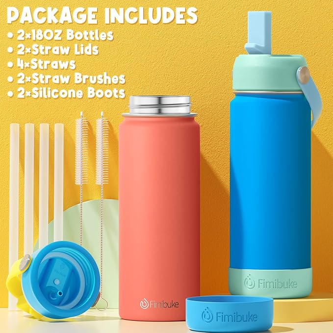 Fimibuke Kids Insulated Water Bottle - 18oz BPA-FREE 18/8 Stainless Steel Kid Cup with Straw Travel Tumbler Leak Proof Double Wall Vacuum Toddler Water Bottle for School Boy Girl(2 Pack, Candy/Bubble)