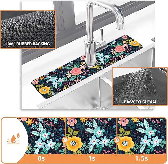 Kitchen Faucet Mat Bright Colorful Flowers Kitchen Sink Splash Guard Faucet Mat,1 PC Splash Guard Behind Faucet Drip Catcher for Kitchen,Dish Drying Mat,Bathroom Faucet Mat 23.5""X5.5""