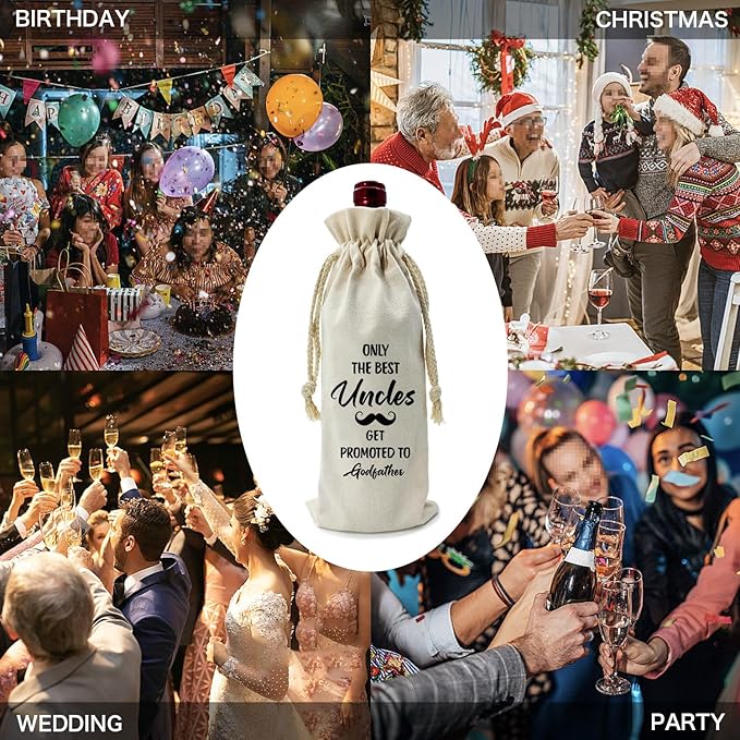 ZHANTUONE,Only the Best Uncles Promoted to Godfather,Father's Day Gifts,Funny party Wine Bags,Drawstring Polyester Cotton Cloth Wine Bag,Gift for Godfather Godparents Baptism Gift