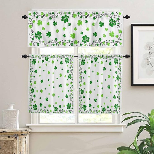 St. Patrick's Day Kitchen Curtains and Valances Set, Green Shamrock Irish Clover Window Tiers Seasonal Spring Holiday Half/Short Curtains for Small Windows Cafe /Living Room/ Bedroom 54x 36 in