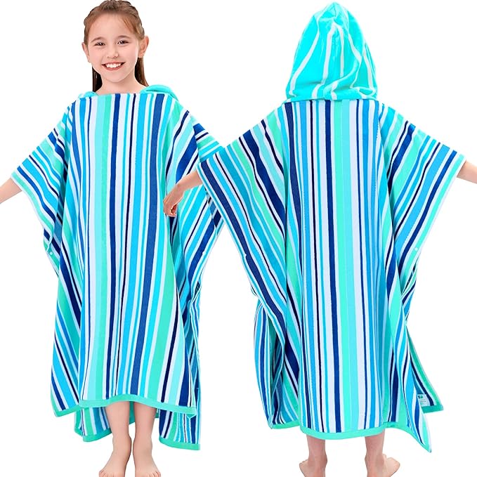 VOOVA & MOVAS Teens Hooded Poncho Towels (8-16Years), 100% Cotton Thick Poncho Towel Robe for Kids, Perfect for Pool, Beach, Bath and Gifts,Blue Green Stripe