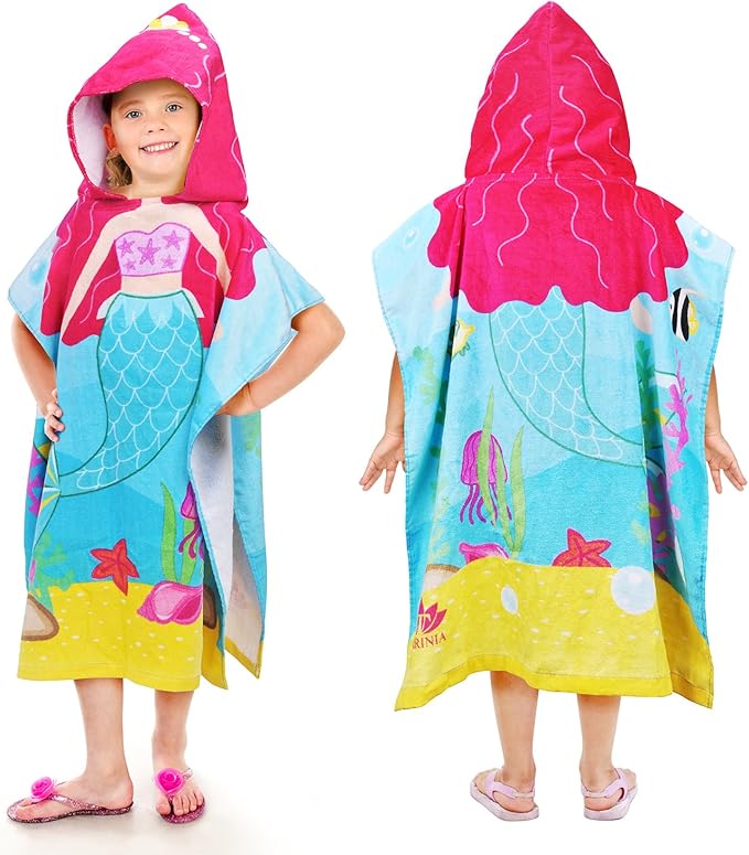 Tirrinia Mermaid Kids Poncho Towel, Surf Beach Bath Swim Hooded Towels for 2-7 Years Girls Toddler Gift, 24 by 52-inch, 100% Cotton