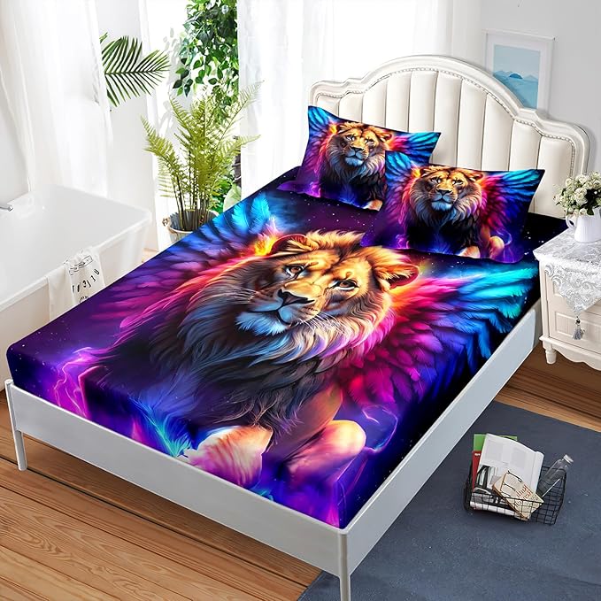 AILONEN Lion Fitted Sheet Set Queen Size, 3 Pieces Printed Evening Starry Wings Lion Bed Sheet Set,Colorful Tie Dye Rainbow Fitted Sheet with 2 Pillowcases