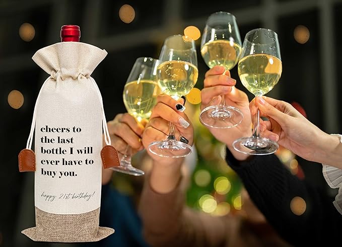 21th Birthday Wine Bag, Cotton Linen Wine Gift Bag With Drawstring, Wine Champagne Bottle Gift Bag, 21st Birthday Gifts Wine Bag for Woman Her Girl Friend Sister, 21th Birthday Party Favors-20