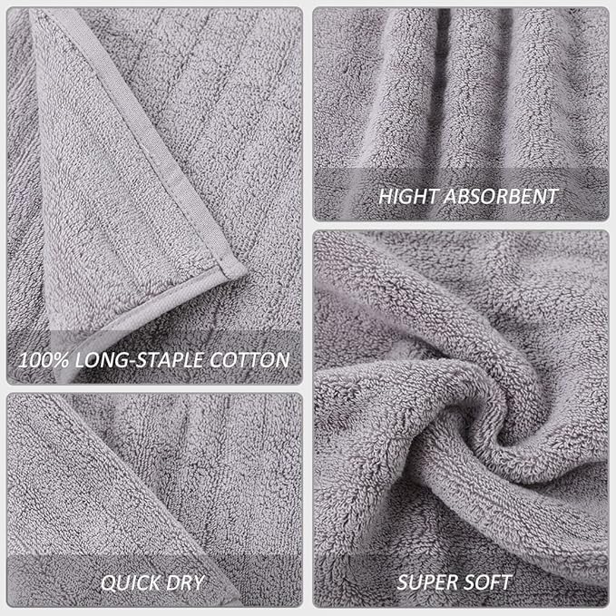 Luxury Ultra Soft Light Grey Bath Towel Sets for Bathroom Hotel, 1 Bath Towels 2 Hand Towels Washcloths 100% Long-staple Cotton Fluffy Highly Absorbent Thick Towel for Women Kids Elderly Face Body