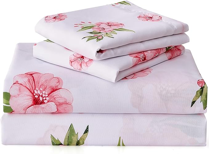 Full Size Bed Sheets Set White Pink Floral Bed Sheets Girls Cute Microfiber Cooling Sheets 4 Pieces Kids Full Bed Set Wrinkle Free, 15 inch Deep Pocket Fitted Sheet, Flat Sheet, Pillowcases