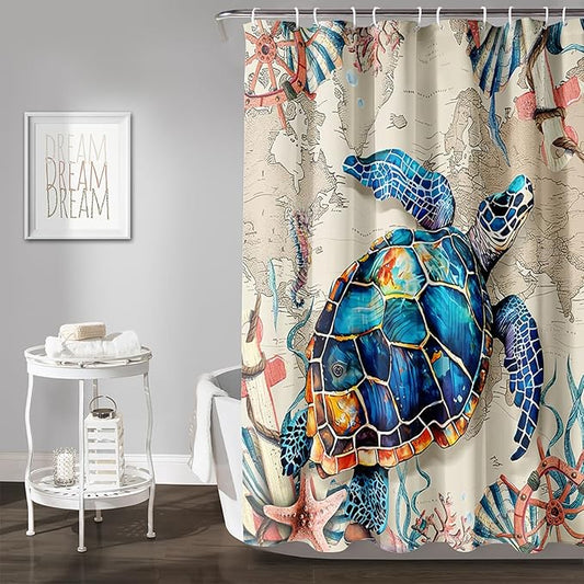 AILONEN Sea Turtle Shower Curtain, Retro World Map Voyage Coast Ocean Bath Curtain,Sea Turtle Bathroom Curtain Decor,Boys Adults Polyester Waterproof 48" W*72" H Shower Curtain (12 Hooks)