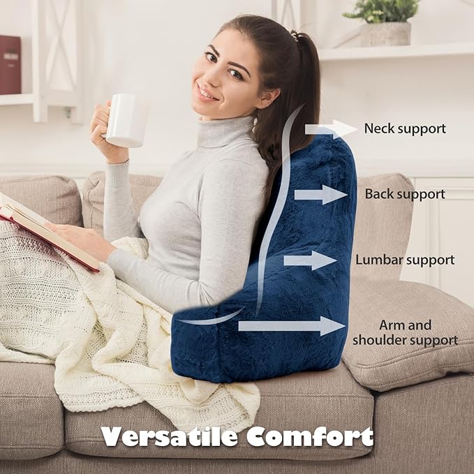 Reading Pillow for Sitting in Bed Adult, Standard Reading Pillow with Memory Foam, Back Pillow for Bed Sitting Up with Extend Arms, Bed Reading Pillow, Blue