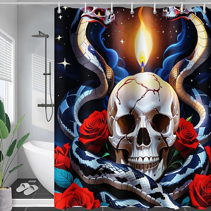 AILONEN Skull Shower Curtain for Bathroom,Red Rose Terror Snake Skull Bath Curtain,Goth Skull Skeleton Print Waterproof Curtain with 12 Plastic Hooks, 72" W*84" H