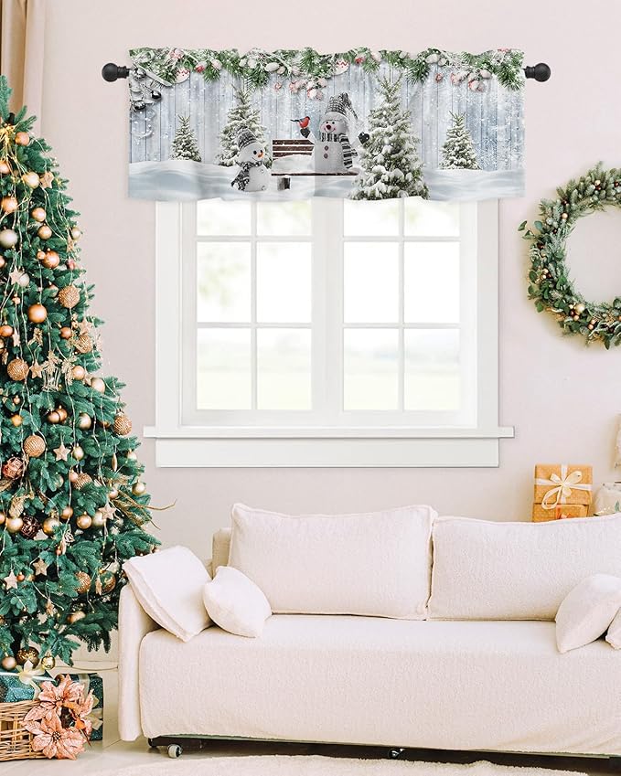 Merry Christmas Valance Curtains for Kitchen Windows Xmas Snowman Snowy Pine Tree Rod Pocket Window Treatment Toppers for Kitchen/Living Room/Bedroom/Bathroom, 42" X 18", Blue Winter