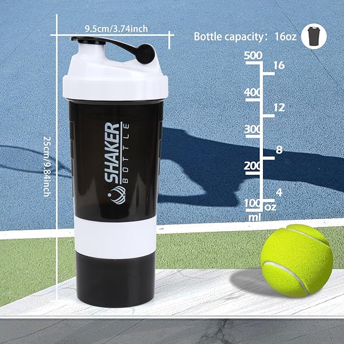 Shaker Bottle - Protein Shaker Cup with Storage Compartments - Leak-proof Workout Shake Bottles with Mixer for Smooth Mixing-500ML/16oz (WHITE & BLACK)