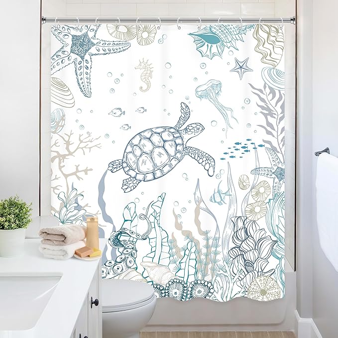 Nautical Coastal Sea Turtle Shower Curtain Ocean Beach Starfish Seashell Coral Underwater Animal Octopus Sealife Summer 60Wx72L Inch Bathroom Set Bath Curtain Bathtub Accessories Home Decor