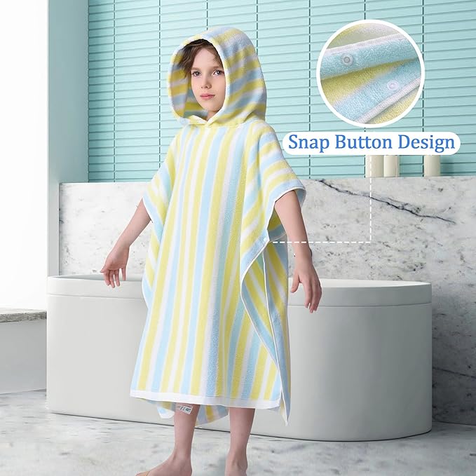 VOOVA & MOVAS Poncho Towels for Kids - 100% Cotton (4-8Years) - Absorbent Quick Dry Lightweight Hooded Towel Robe for Pool | Swim | Beach | Bath | Bathroom, Yellow Blue Stripe