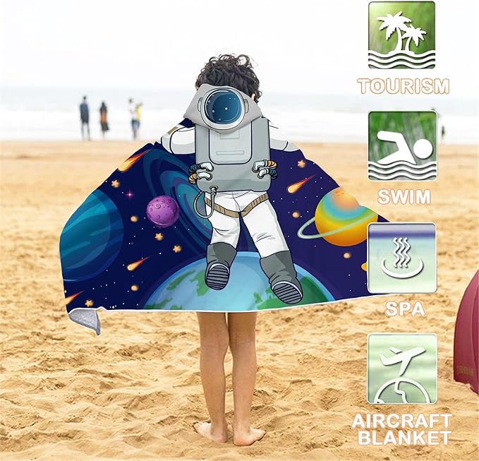 Kids Beach Towel, Kids Bath Towels with Hood, Outer Space Theme Hooded Towel for Boys Girls 30"x50", Cool Kids Towel Gifts Cartoon Microfiber Soft Bath Towel Poncho Bathrobe Wrap Robe for Swin Pool
