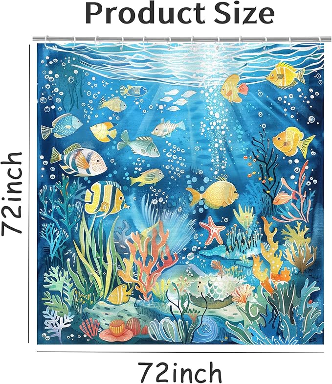 Fish Shower Curtain for Bathroom Tropical Fishes Shower Curtains Home Bathroom Bathtubs Ocean Underwater World Fish Decor Polyester Shower Curtain Waterproof Washable Durable 12 Hooks 72"x72"