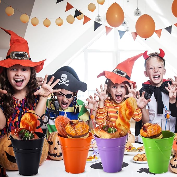 Sadnyy 12 Pack Metal Buckets with Handle, Galvanized Bucket 4.5 x 5 Inch Basket Bucket for Kids, Kids Party Supplies, Crafts for Christmas Halloween Christmas Candy Bars Vase Crafts(Horror Color)