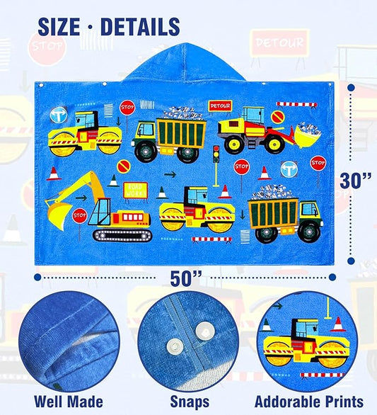 Toddler Bath Towel Hooded - Cotton Kids Beach Towel 30"x50" for Ages 3 to 10, Soft Terry Poncho Towel as Pool Swim Cover Ups for Girls Boys(Construction Site Blue)