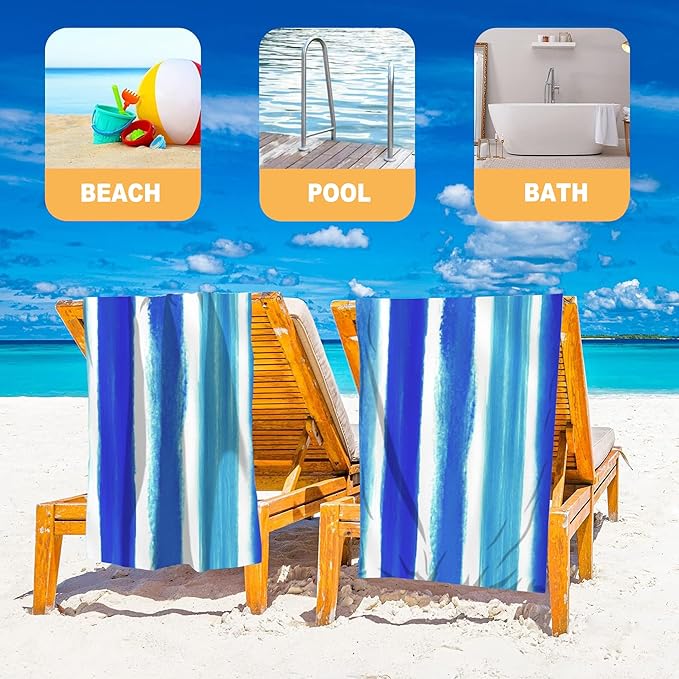 Beach Towel Oversized, Watercolor Blue Stripes Microfiber Beach Towels, Lightweight, Absorbent, Quick Dry, Sand-Free Beach Blanket, Unique and Ideal Gift for Camping, Pool,Yoga, 29.5” X 59”