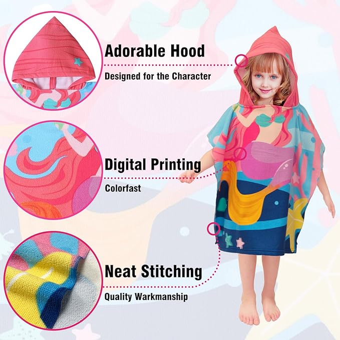 Hooded Kids Beach Towels - Toddler Bath Towel Girls Boys Swim Cover-ups for Ages 1 to 6 Kids Pool Towels Quick Dry Lightweight Soft Microfiber Poncho Towel 24x24 (Mermaid Starfish), Large