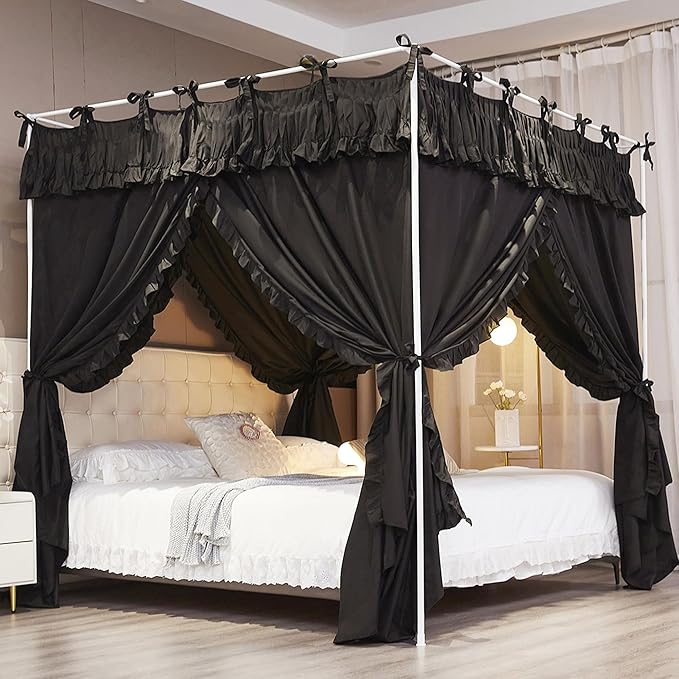 Ruffle Lace up 4 Corners Post Princess Curtain Bed Canopy Cozy Breathable Mosquito Net Cloth for Girls Adults Bedroom Decoration (Black, 53" W*78" L*82" H/Full)