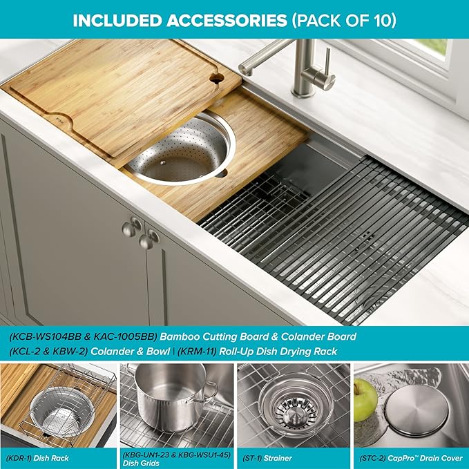 KRAUS KWU120-45 Kore 2-Tier Workstation 45-inch Undermount 16 Gauge Single Bowl Stainless Steel Kitchen Sink with Integrated 2-Step Ledge and Accessories (Pack of 10)