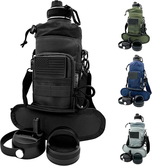 1 Gallon Water Bottle Insulated - 84 Oz Stainless Steel Metal Water Jug with Holder - | Carrying Bag | Spout Handle | Straw Lids | Keep Cold & Hot | - Black Tactical Flask