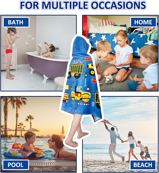 Toddler Bath Towel Hooded - Cotton Kids Beach Towel 30"x50" for Ages 3 to 10, Soft Terry Poncho Towel as Pool Swim Cover Ups for Girls Boys(Construction Site Blue)