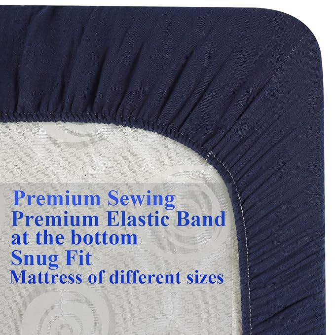 Muslin Mini Crib Sheets 38 x 24 Fitted Portable/Mini-Crib Sheet for Baby Boys and Girl Soft 100% Cotton Grey & Navy