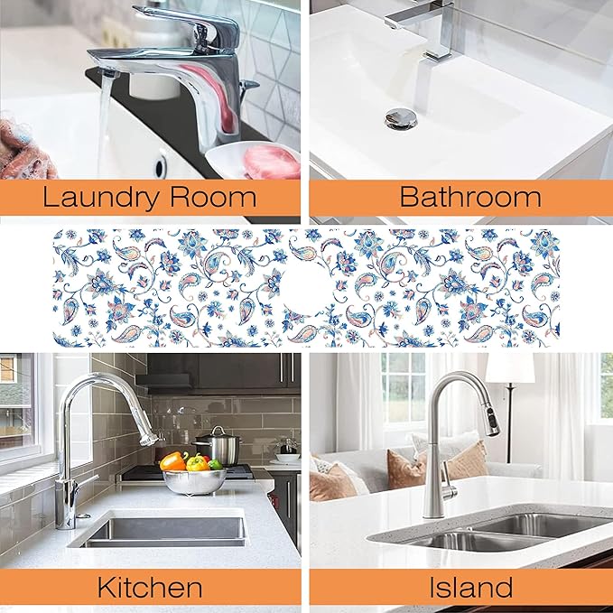 Kitchen Faucet Mat Watercolor Ceramic Floral Kitchen Sink Splash Guard Faucet Mat,1 PC Splash Guard Behind Faucet Drip Catcher for Kitchen,Dish Drying Mat,Bathroom Faucet Mat 23.5""X5.5""