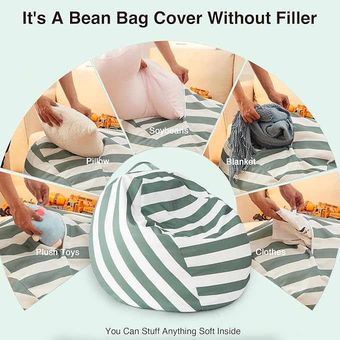 EXQ Home Kids Bean Bag Chairs Cover -Stuffed Animal Bean Bag Storage Green and White Stripes-Zipper Bean Bag for Organizing Children Plush Toys Holiday Gift for Girl,Boys (2XL)