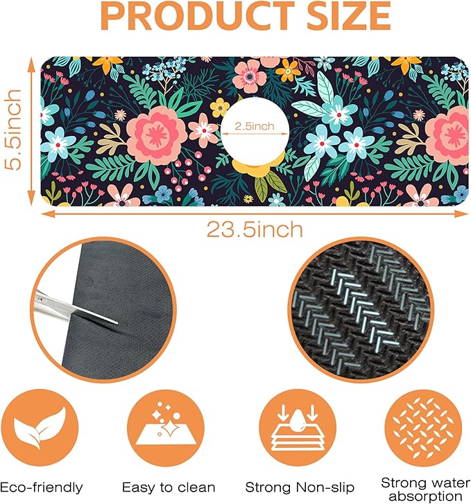 Kitchen Faucet Mat Bright Colorful Flowers Kitchen Sink Splash Guard Faucet Mat,1 PC Splash Guard Behind Faucet Drip Catcher for Kitchen,Dish Drying Mat,Bathroom Faucet Mat 15.5""X5.5""