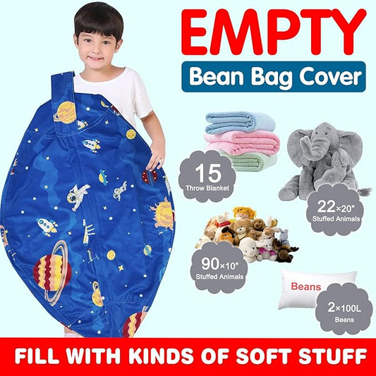 Lukeight Stuffed Animal Storage Bean Bag Chair Cover for Kids, Zipper Beanbag Chair Cover for Organizing Toddler and Kids' Rooms Plush Toys (Outer Space Velvet, X-Large)