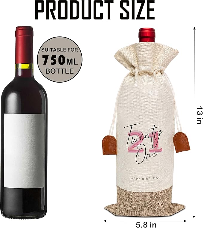 21th Birthday Wine Bag, Cotton Linen Wine Gift Bag With Drawstring, Wine Champagne Bottle Gift Bag, 21st Birthday Gifts Wine Bag for Woman Her Girl Friend Sister, 21th Birthday Party Favors-14