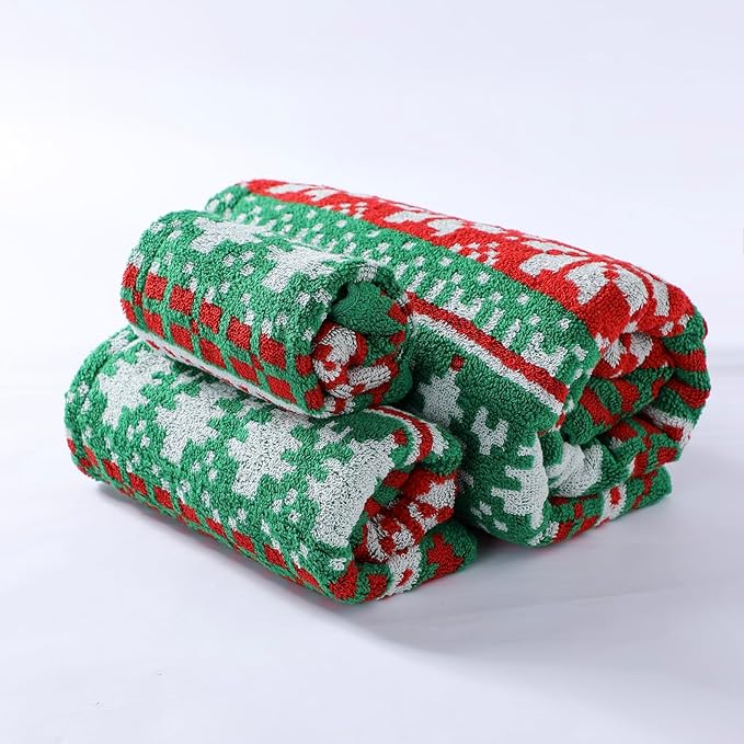 Luxury Christmas Tree Snowflakes Green Pattern Bath Towel Sets for Kids, 1 Bath Towels 1 Hand Towels 100% Cotton Ultra Soft Fluffy Highly Absorbent Towel for Women Elderly Gift